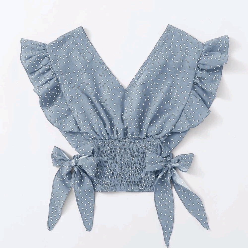 Ruffle Shirred Hem Polka-dot Crop Top - Picture 2 of 2